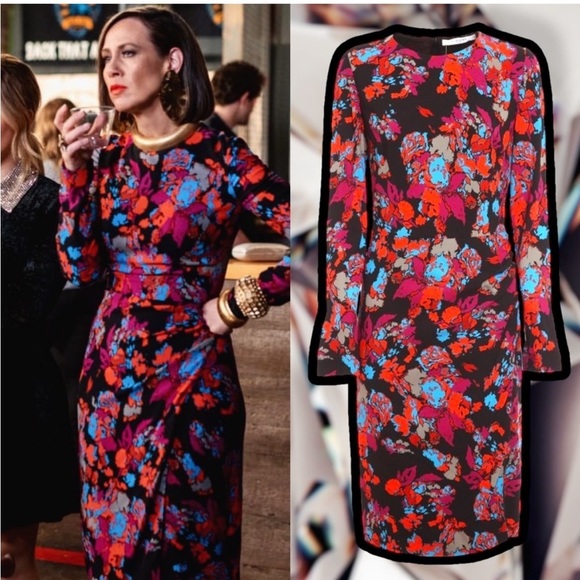 Givenchy Graphic Print Black Floral Long Sleeve Ruched Side Dress - Picture 1 of 9